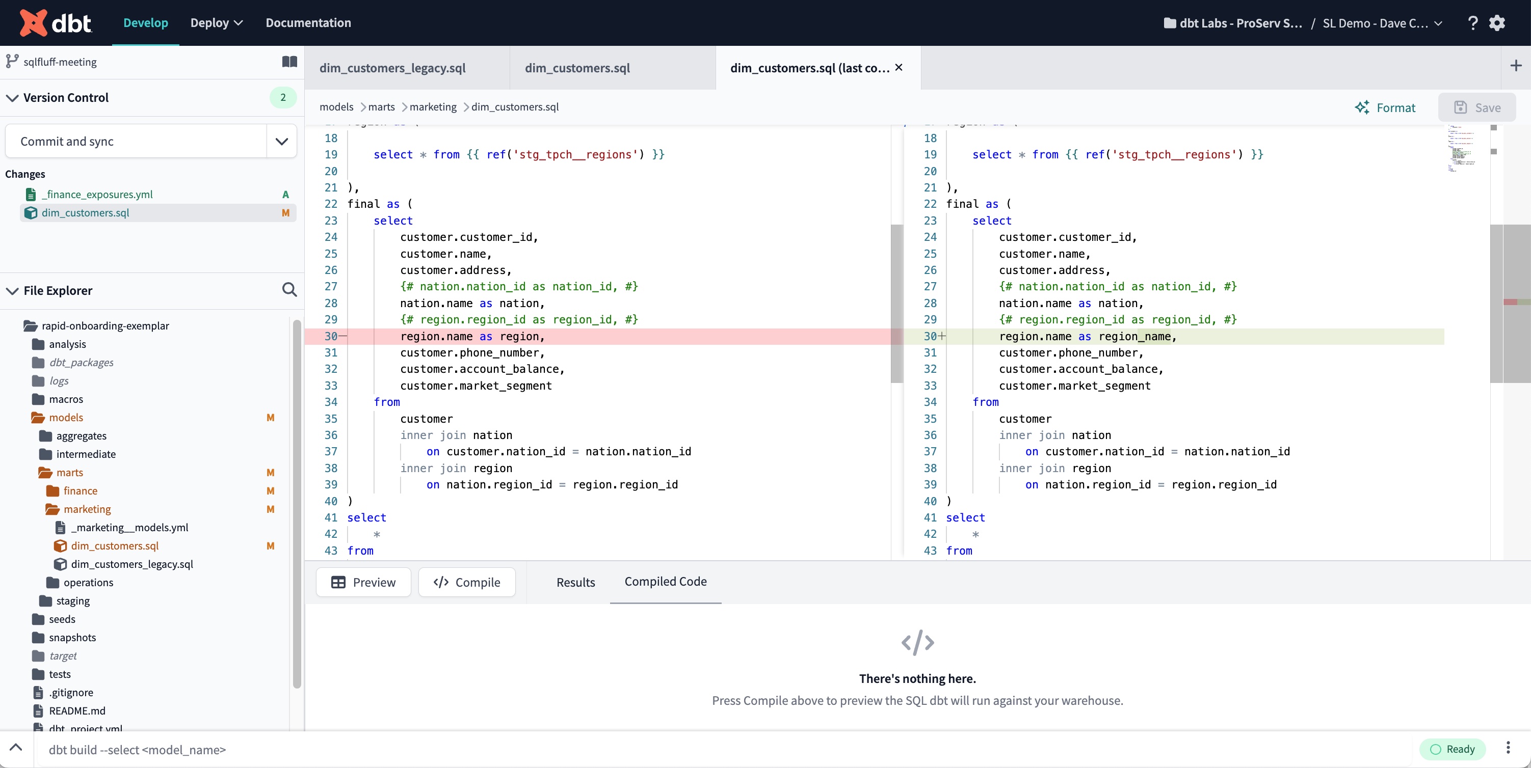 The Git Diff View displays the previous version on the left and the changes made on the right of the Editor The Git Diff View displays the previous version on the left and the changes made on the right of the Editor